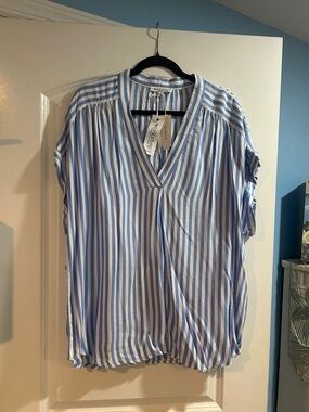 Women’s  Light Blue & White Striped V-Neck Blouse